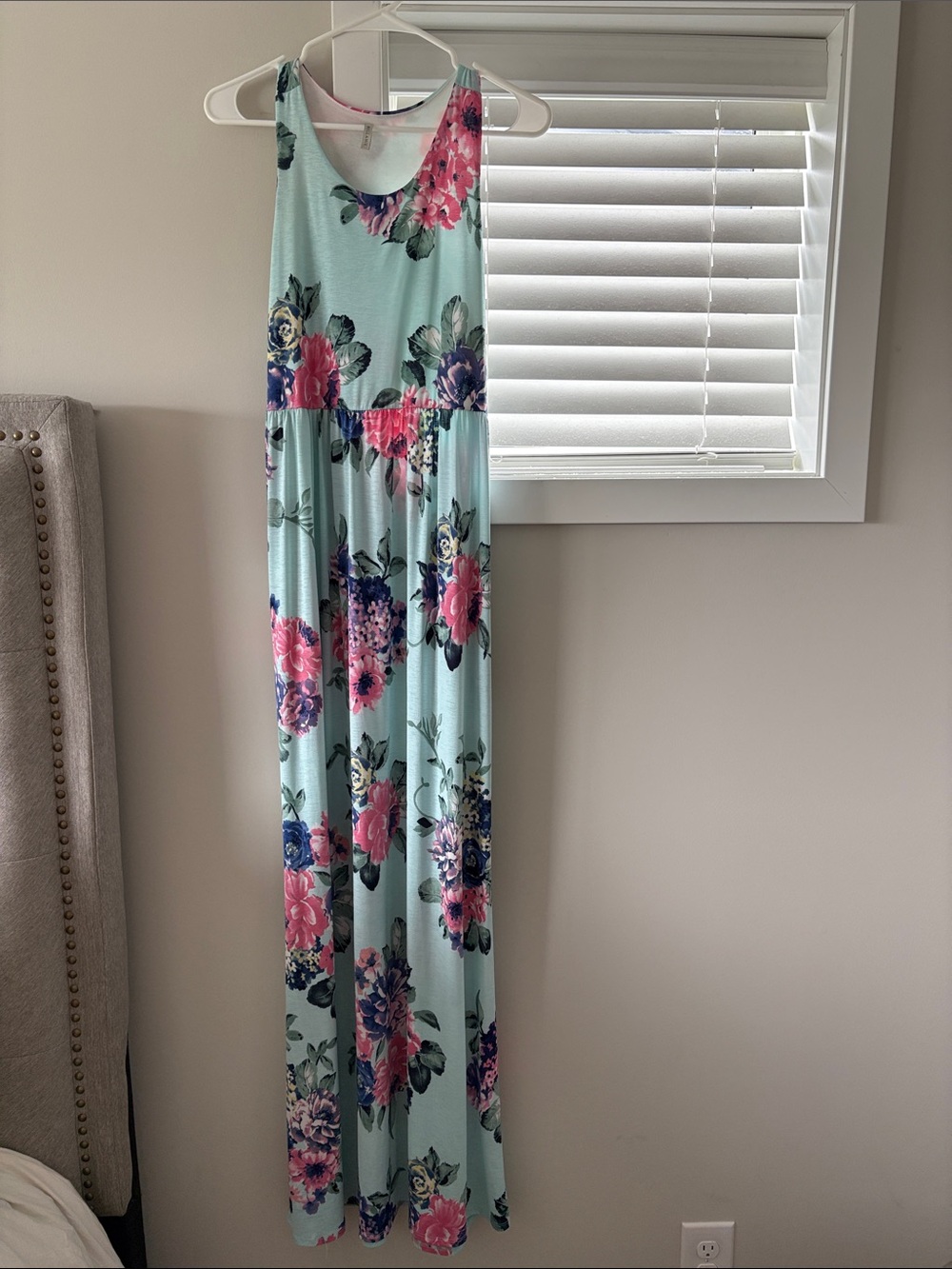 Mint Floral Maxi Dress with Pink & Navy Blooms, pockets & stretchy!